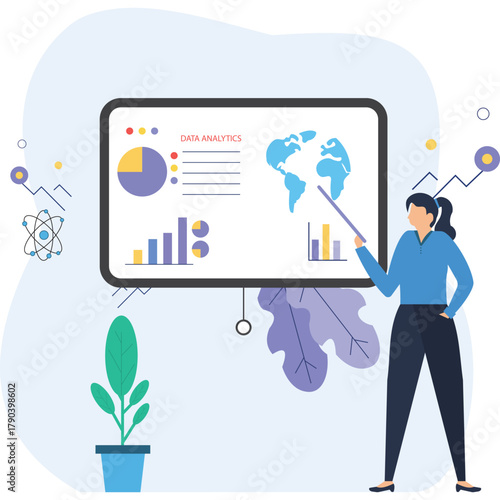Professional analyzing global data charts for business growth  flat illustration