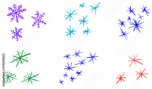Christmas Snowflake Sparkle Crayon Chalk Drawing Doodle Vector Set