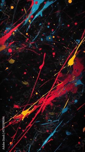 Colorful Paint Splatters Create a Dynamic Pattern on a Dark Background in a C...