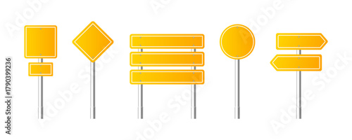 Empty road traffic signs of different shapes on metal poles vector illustration set. 3d realistic yellow blank street signboards