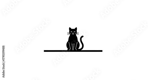 A minimalist black silhouette of a cat sitting upright on a horizontal line, isolated against a clean white background.