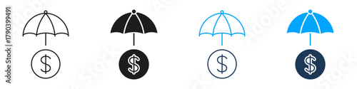 Umbrella With Dollar Sign Line And Solid Icon Set. Financial Protection And Insurance Coverage Symbol Collection. Wealth Security And Risk Management. Isolated Vector Illustration