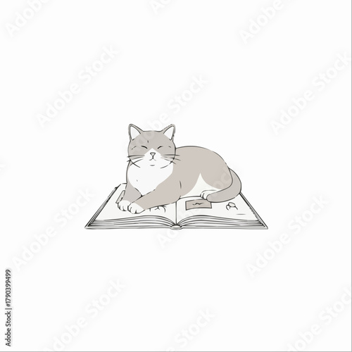 Cat in Literary Slumber: An adorable cat rests serenely upon an open book, lost in the quiet bliss of a good story. the perfect blend of feline charm and literary delight. 