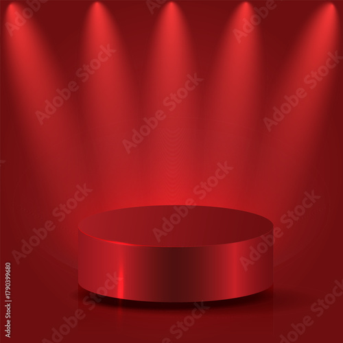 Vector luxury red glossy podium with background, light beams, and shadows. Suitable for product displays, websites, product cards, banners, posters, and flyers.