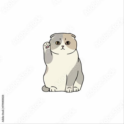 Cute Scottish Fold Cat Waving Paw, Adorable Feline Mascot Illustration with a Friendly Gesture
