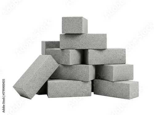 Stack of gray concrete building blocks or cinder blocks on transparent background. Construction material for masonry, architecture, and home improvement.