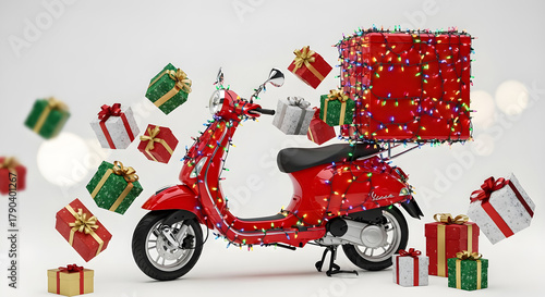 Festive red scooter delivering christmas gifts with lights on a bright background