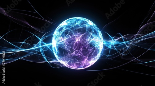 Glowing blue and purple sphere on a black background, featuring an egg-shaped glowing lines core, realistic details, and vivid holographic glow with striking light effects for a futuristic look.