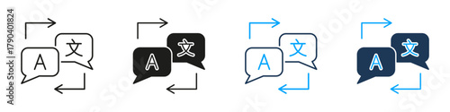 Text Translation Flow Line And Solid Icon Set. Speech Bubbles With Arrows Symbol Collection For Bidirectional Language Conversion And Real-Time Communication. Isolated Vector Illustration
