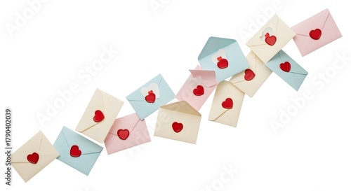 Pastel envelopes with red heart seals floating on a white background for love notes
