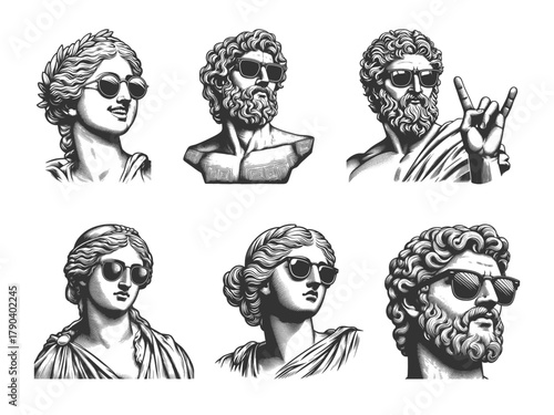 ancient Greek and Roman busts in sunglasses Set collection bundle sketch engraving generative ai vector illustration. Scratch board imitation. Black and white image.