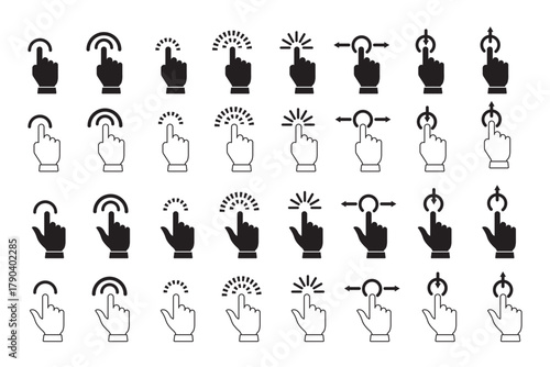 hand click and tap symbol. touch gesture icon set. click tap swipe hand gesture icons. 