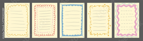 Set of zigzag wavy frame with note list stroke. Rectangular shapes with curvy and jagged borders. Squiggle funky drawn outline borders