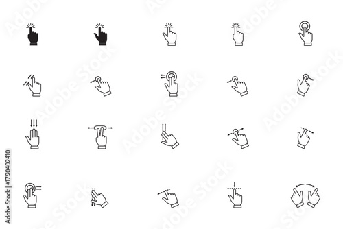 Hand gesture icons for touchscreen. smartphone gesture vector symbols. finger tap and swipe icon.