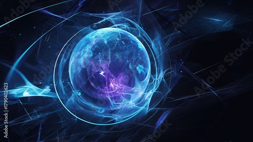 Glowing blue and purple sphere on a black background, featuring an egg-shaped glowing lines core, realistic details, and vivid holographic glow with striking light effects for a futuristic look.