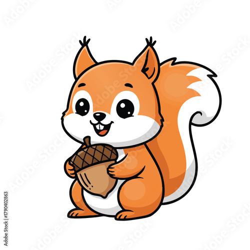 Cute cartoon squirrel holding an acorn with a happy expression
