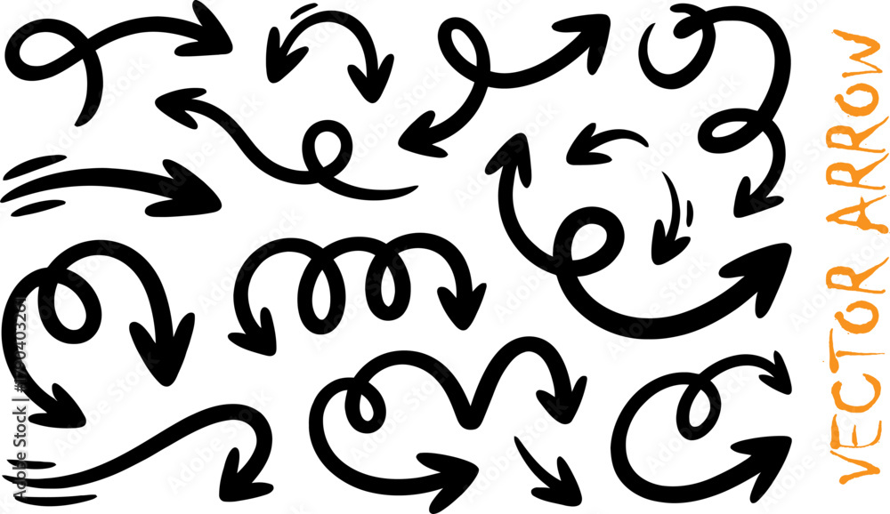 Naklejka premium Collection of various black hand drawn style arrows pointing in different directions on white background