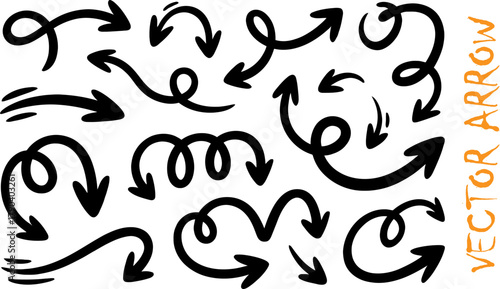 Collection of various black hand drawn style arrows pointing in different directions on white background
