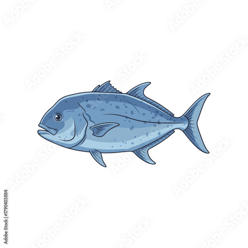 Trevally jack fish illustration. Side view of a large, strong saltwater fish. Marine animal vector art, isolated