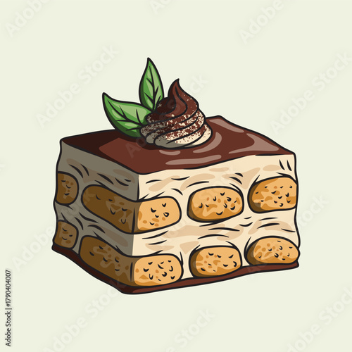 Illustration of a classic tiramisu slice with mint leaves and cream on top.
