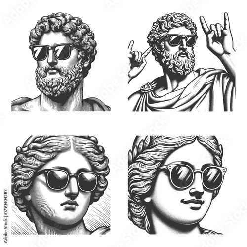 ancient Greek and Roman busts in sunglasses Set collection bundle sketch engraving generative ai vector illustration. Scratch board imitation. Black and white image.