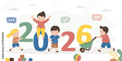 New 2026 year. Group of preschool kids celebrate for new 2026 year. Happy children with giant numbers. Horizontal banner.