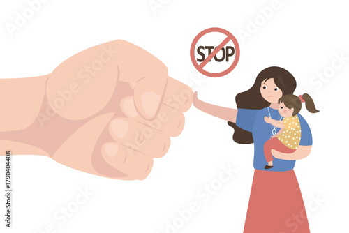 Countering domestic violence, stopping toxic relationships. Kids protection from abuse, violence. Mother and girl fighting against giant male fist. Stop gesture.