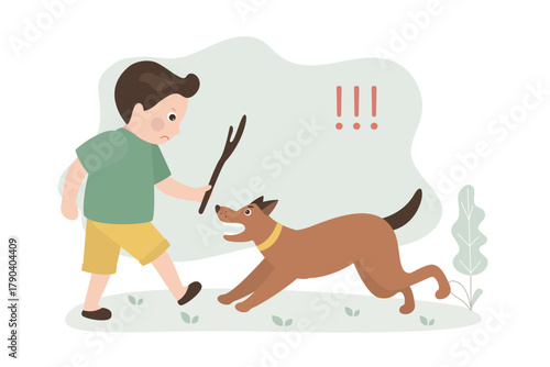 Baby boy afraid of angry dog, dangerous animal attack. Cartoon scared kid defends himself with stick from large dog growling and barking.