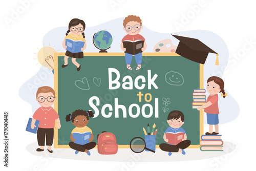 Multiethnic schoolboys and schoolgirls, school supplies and tools, start of school year. Back to school banner on chalkboard. Different kids students reading textbooks.