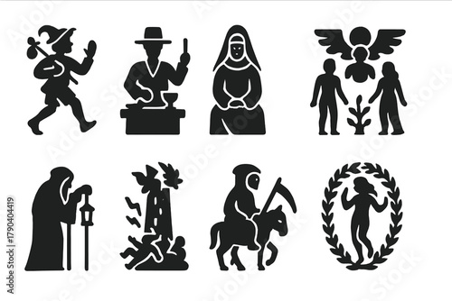 Tarot Archetype Icons. Solid style icons of tarot card archetypes: The Fool, The Magician, The High Priestess, The Lovers, The