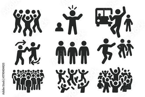 Flash Mob Dance. Solid style icons of Urban Dance Performance: Flash Mob, Surprise, Dance, Public Place, Coordination, Group,