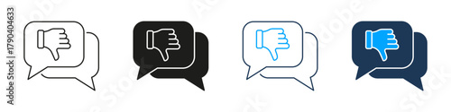 Thumbs Down In Speech Bubble Line And Solid Icon Set. Negative Feedback, Disapproval, And Criticism Communication Symbol Collection. Social Media Interaction. Isolated Vector Illustration