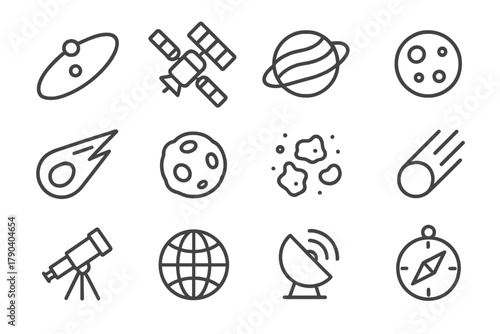 Orbital Dynamics Icons. Line style icons of Orbital Dynamics: Orbit Line, Satellite, Planet, Moon; Comet, Asteroid, Dust, Meteor;