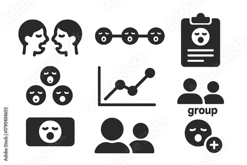 Yawning Study Icons. Solid style icons of yawning observation study: Two Faces Mirroring, Reaction Timeline, Group Chart, Research