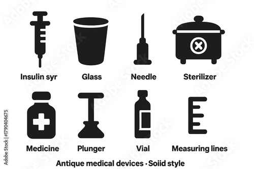 Antique Medical Devices Icons. Solid style icons of Antique Medical Devices: Insulin Syringe, Glass, Needle, Sterilizer, Medicine,