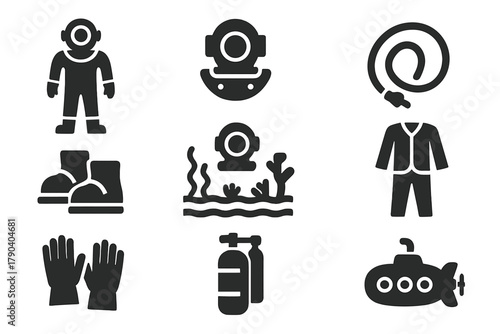 Historical Diving Gear Icons. Solid style icons of Historical Underwater Equipment: Diving Suit, Helmet, Air Hose, Weighted Boots,