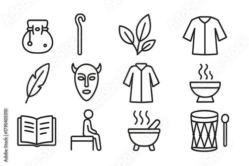 Traditional Healer Icons. Line style icons of Traditional Healers: medicine pouch, walking staff, herbal leaves, mortar and pestle