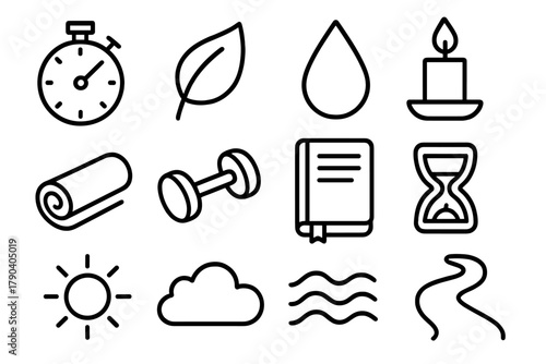 Stress Management Icons. Line style icons of Stress Management: Stopwatch, Leaf, Water Drop, Candle; Yoga Mat, Dumbbell, Journal,