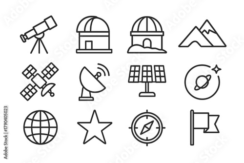 Space Observatories Icons. Line style icons of Space Observatories: Telescope, Dome, Observatory, Mount; Satellite, Antenna, Solar