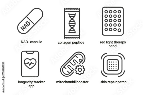Anti-Aging Icons. Line style icons of Anti-Aging Biohacks: NAD+ capsule, collagen peptide pack, red light therapy panel, longevity