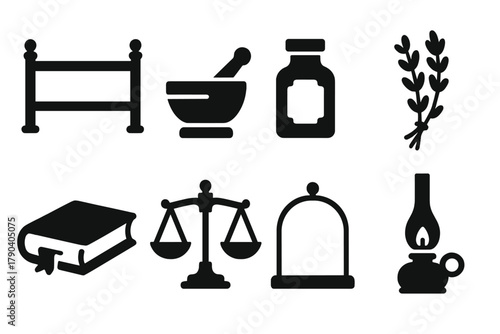 Vintage Apothecary Icons. Solid style icons of vintage apothecary style: Wooden Shelf, Mortar and Pestle, Labeled Bottle, Dried