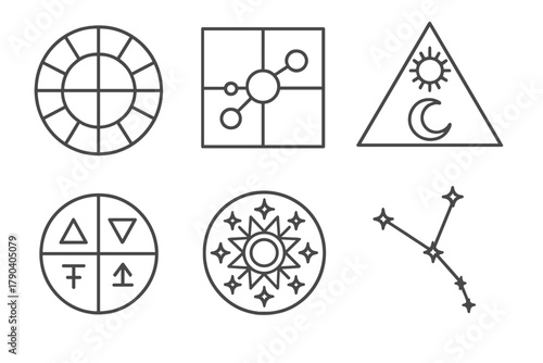 Astrological Geometry Icons. Line style icons of Astrological Geometry: zodiac wheel pattern, planetary alignment grid,