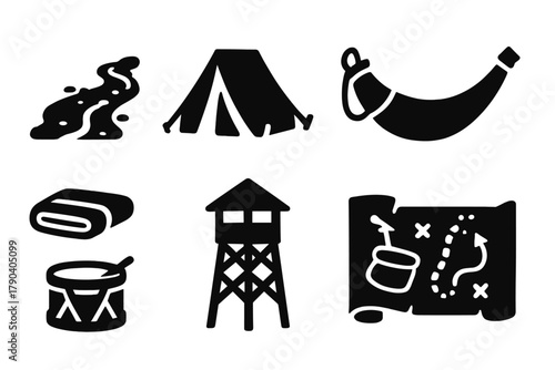 Battlefield Essentials Icons. Solid style icons of battlefield setting: Dusty Road, Encampment Tent, Folded Bedroll, Powder Horn,