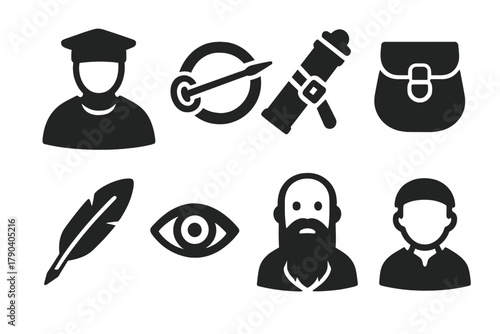 Medieval Physician Icons. Solid style icons of medieval physician identity: Cap and Gown, Cloak Brooch, Scroll Case, Belt Pouch,