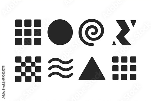 Visual Experiment Icons. Solid style icons of Visual Experiments: Grid, Circle, Spiral, Zigzag, Checkerboard, Wave, Triangle,
