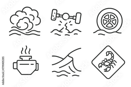 Desert Hazard Icons. Line style icons of desert hazards: sandstorm icon, broken axle, flat tire, overheating engine, dune drop,