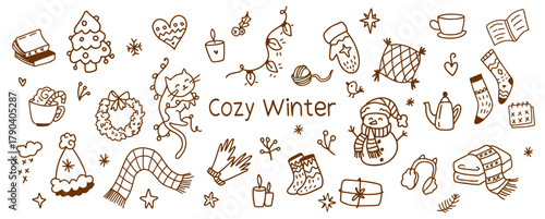 Winter cozy doodle set. Warm clothes, drinks, books, gifts, candles, mittens, socks, snowflakes and others. Cute line art vector. on white background Christmas mood