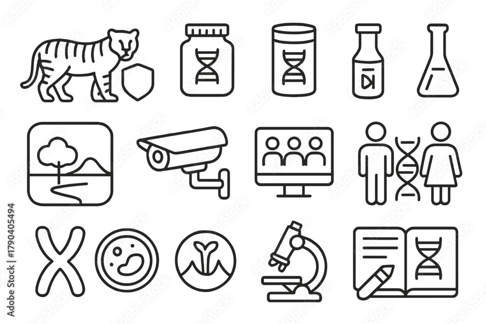 Fototapeta premium Conservation Genetics Icons. Line style icons of Conservation Genetics: endangered species, gene bank, DNA storage, lab vial;