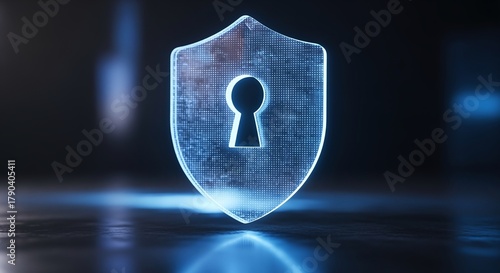 Digital security concept Glowing shield with keyhole emblem, signifying protection, privacy, and data safety in a technological environment with blue lighting