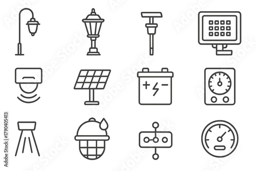 Outdoor Lighting Icons. Line style icons of Outdoor Renewable Lighting: street lamp, park lantern, solar path light, LED